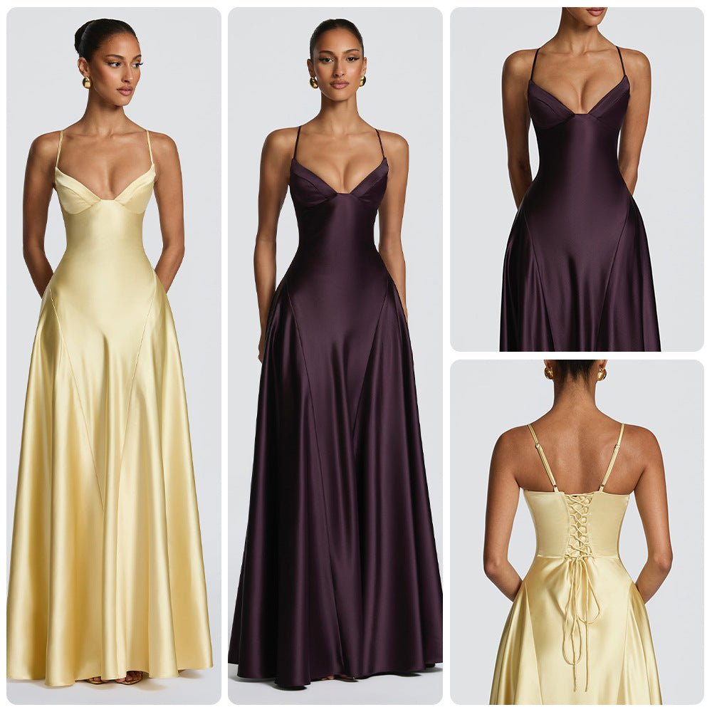 Robe longue de soirée bustier en satin taille marquée col V profond jupe pleine. - IVOIRART.COM