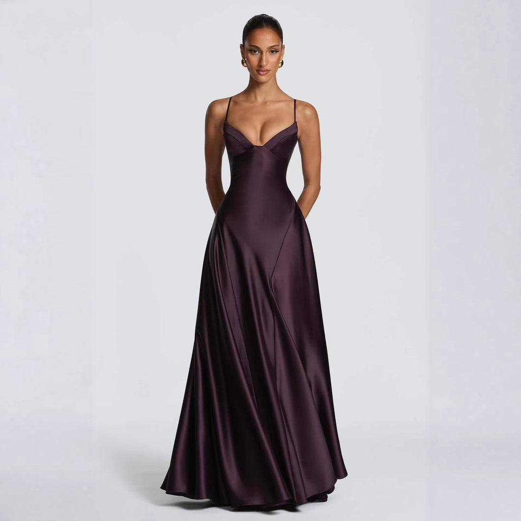 Robe longue de soirée bustier en satin taille marquée col V profond jupe pleine. - IVOIRART.COM