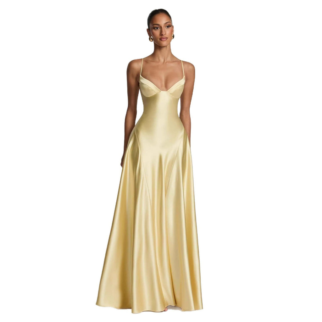 Robe longue de soirée bustier en satin taille marquée col V profond jupe pleine. - IVOIRART.COM