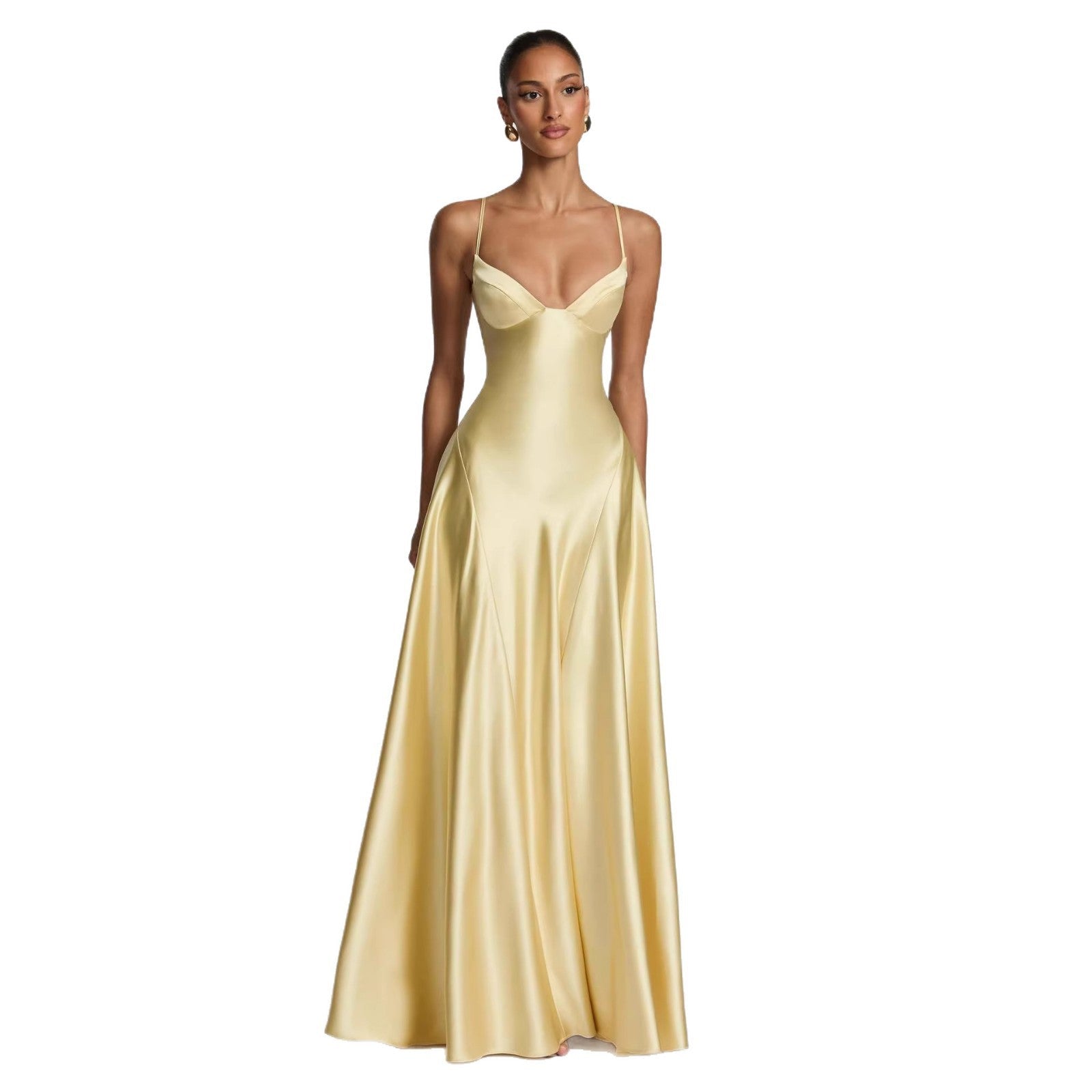 Robe longue de soirée bustier en satin taille marquée col V profond jupe pleine. - IVOIRART.COM