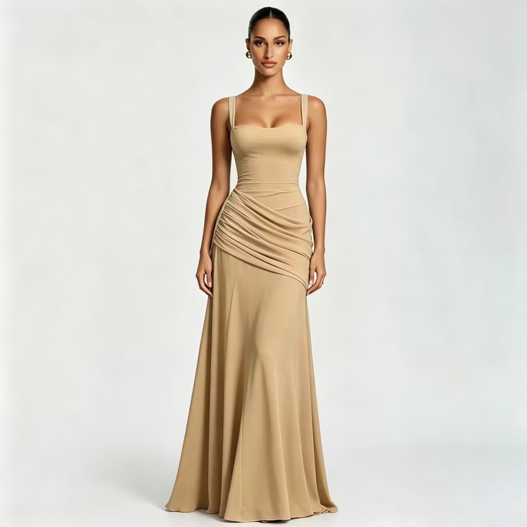 Robe longue de soirée sans manches à encolure carrée et taille drapée élégante - IVOIRART.COM
