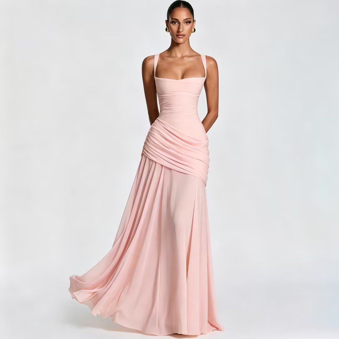Robe longue de soirée sans manches à encolure carrée et taille drapée élégante - IVOIRART.COM