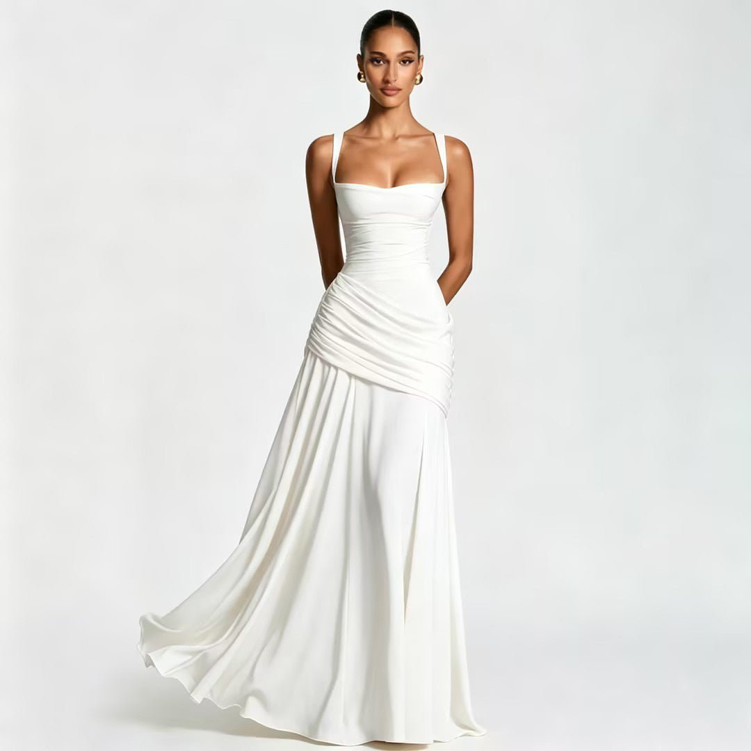 Robe longue de soirée sans manches à encolure carrée et taille drapée élégante - IVOIRART.COM