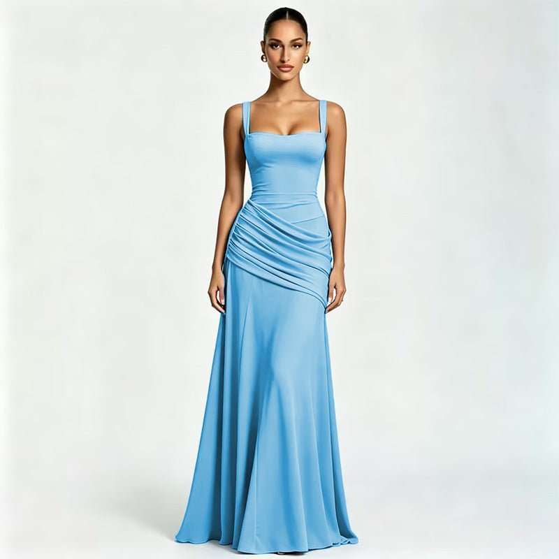 Robe longue de soirée sans manches à encolure carrée et taille drapée élégante - IVOIRART.COM