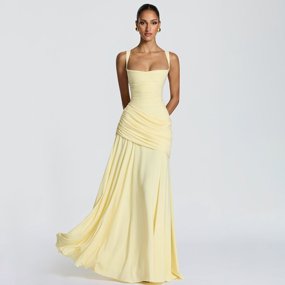Robe longue de soirée sans manches à encolure carrée et taille drapée élégante - IVOIRART.COM