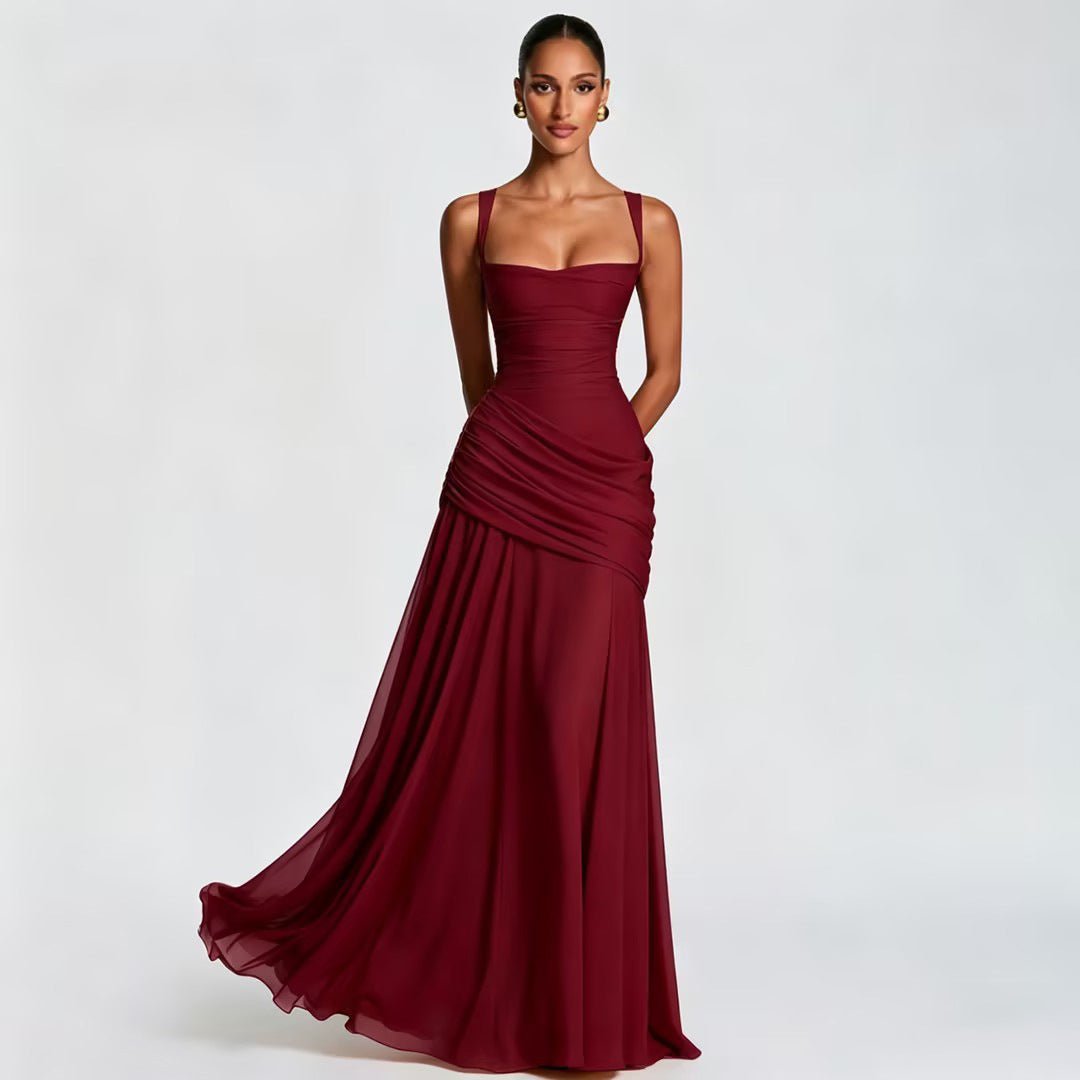 Robe longue de soirée sans manches à encolure carrée et taille drapée élégante - IVOIRART.COM