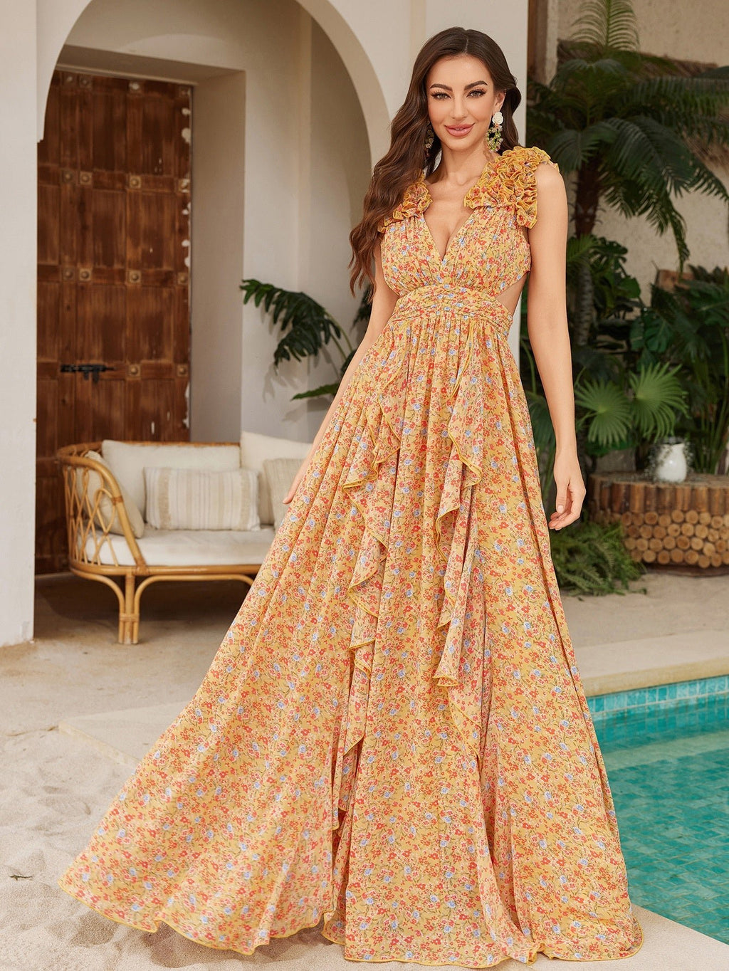 Robe longue élégante en chiffon imprimé floral avec fente asymétrique et dentelle - IVOIRART.COM