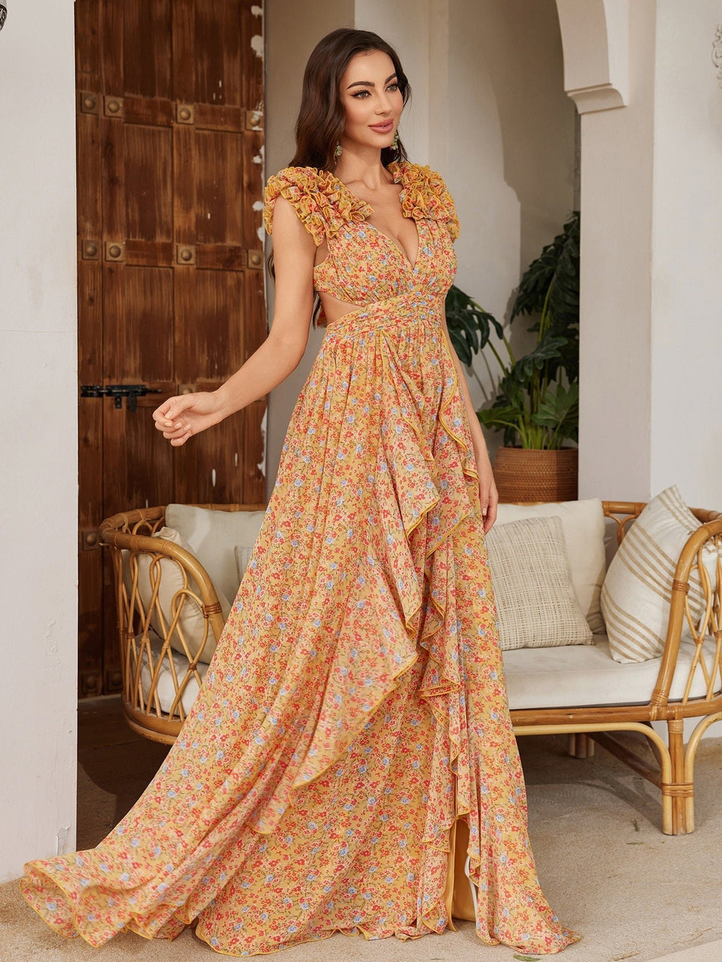 Robe longue élégante en chiffon imprimé floral avec fente asymétrique et dentelle - IVOIRART.COM