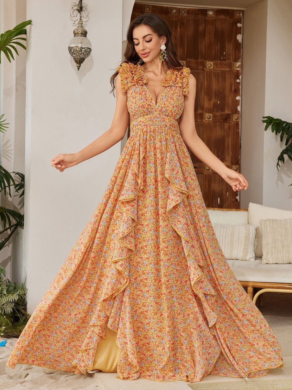 Robe longue élégante en chiffon imprimé floral avec fente asymétrique et dentelle - IVOIRART.COM