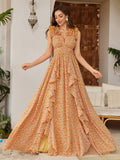 Robe longue élégante en chiffon imprimé floral avec fente asymétrique et dentelle - IVOIRART.COM