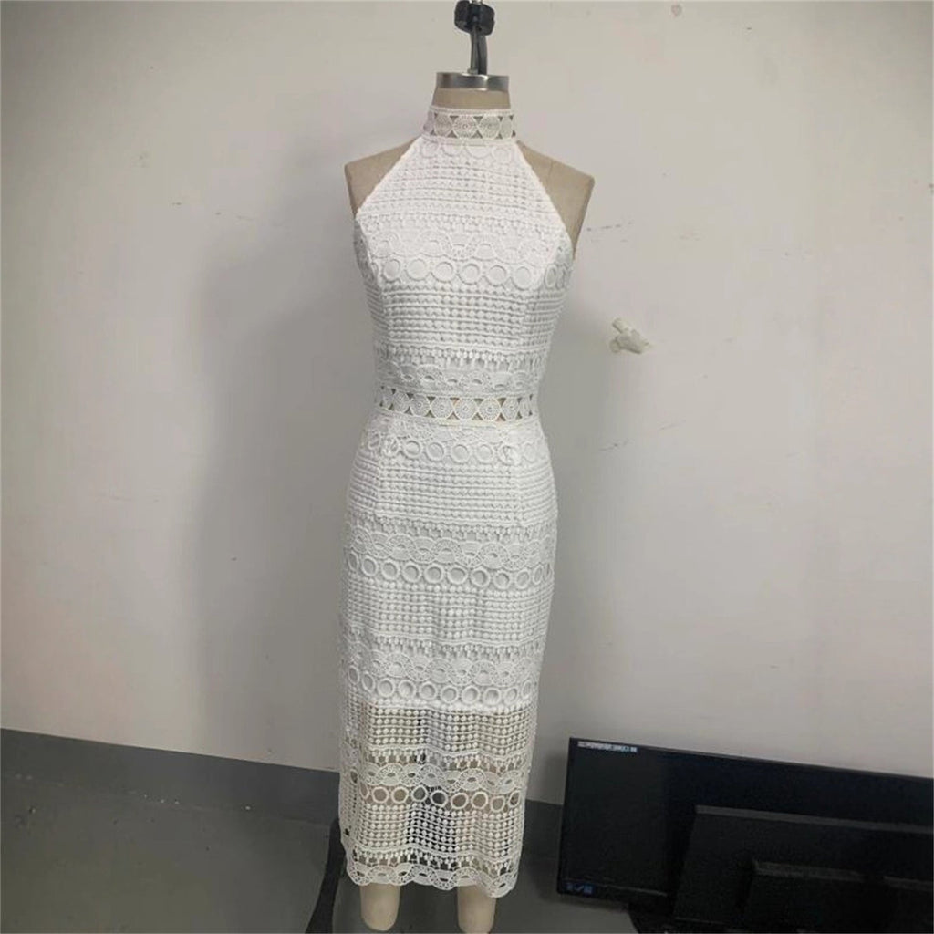 Robe longue femme sans manches en dentelle, col en V, motif rayures, blanche - IVOIRART.COM