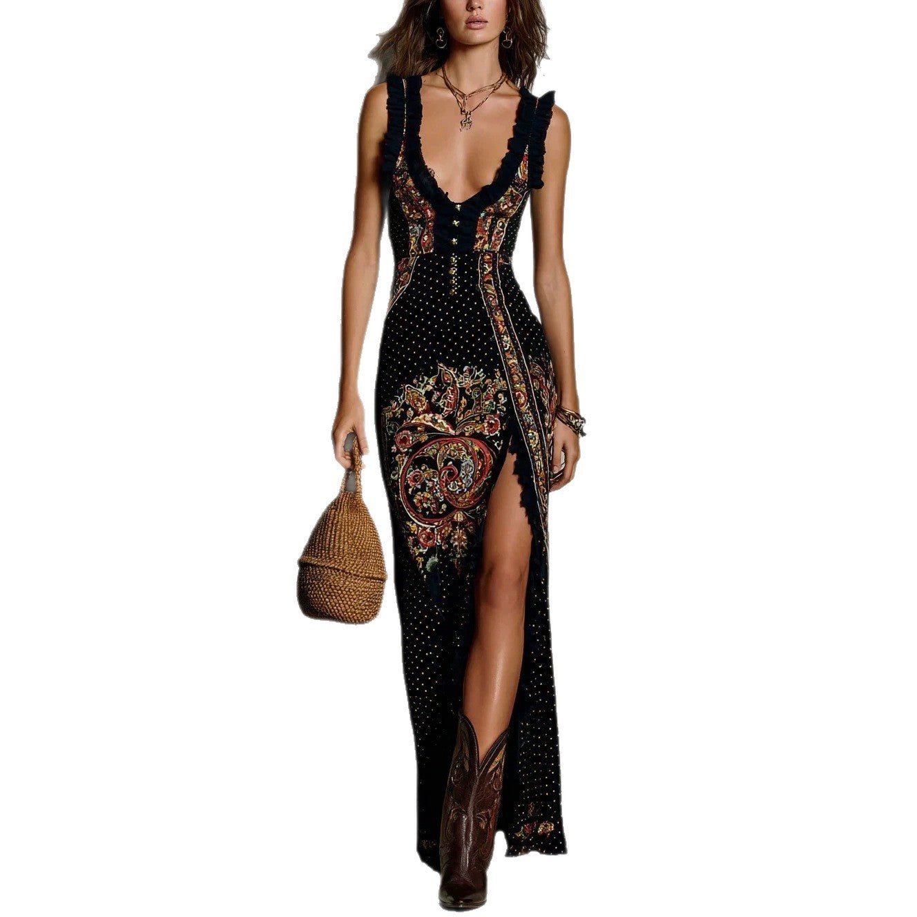 Robe longue fendue sans manches avec débardeur imprimé numérique multicolore - IVOIRART.COM