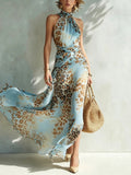 Robe longue maxi sans manches à col halter imprimé léopard élégante - IVOIRART.COM