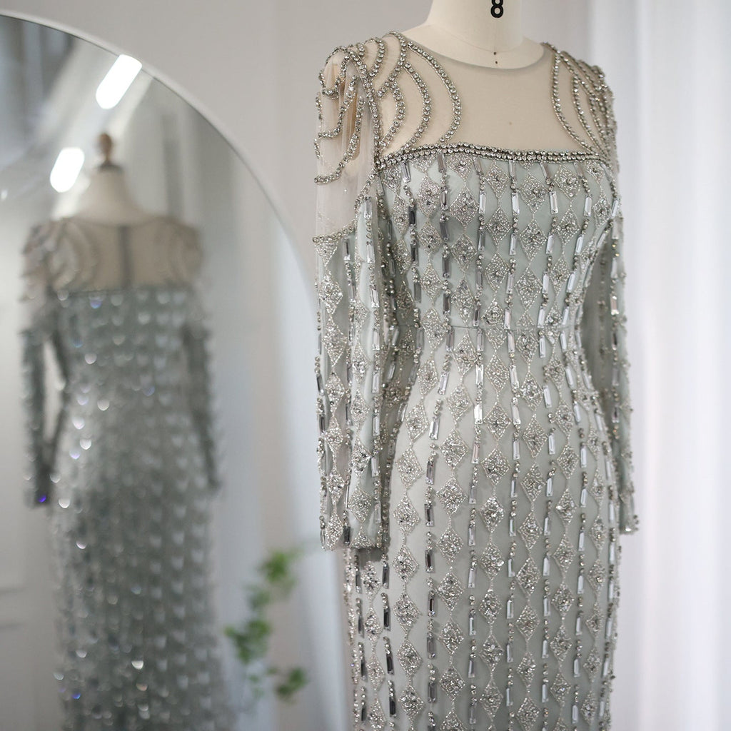 Robe longue moulante à manches longues, effet queue de poisson, dentelle grise chic - IVOIRART.COM
