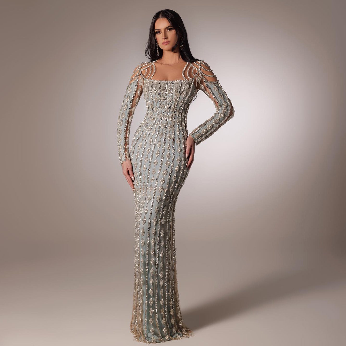 Robe longue moulante à manches longues, effet queue de poisson, dentelle grise chic - IVOIRART.COM