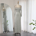 Robe longue moulante à manches longues, effet queue de poisson, dentelle grise chic - IVOIRART.COM