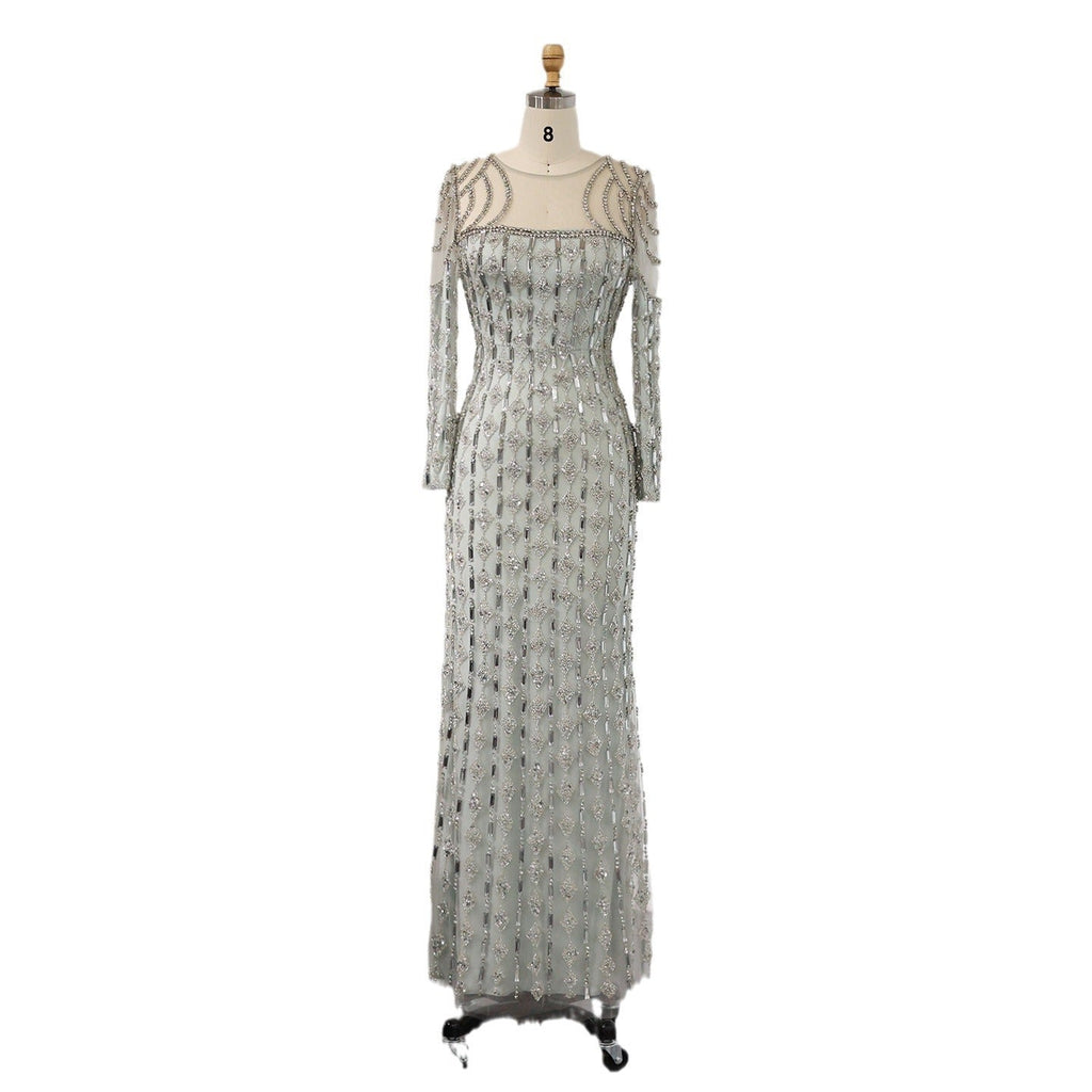 Robe longue moulante à manches longues, effet queue de poisson, dentelle grise chic - IVOIRART.COM