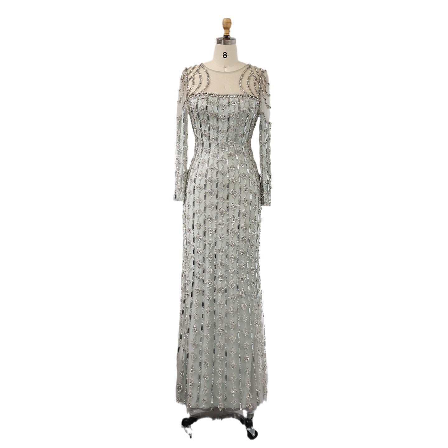 Robe longue moulante à manches longues, effet queue de poisson, dentelle grise chic - IVOIRART.COM