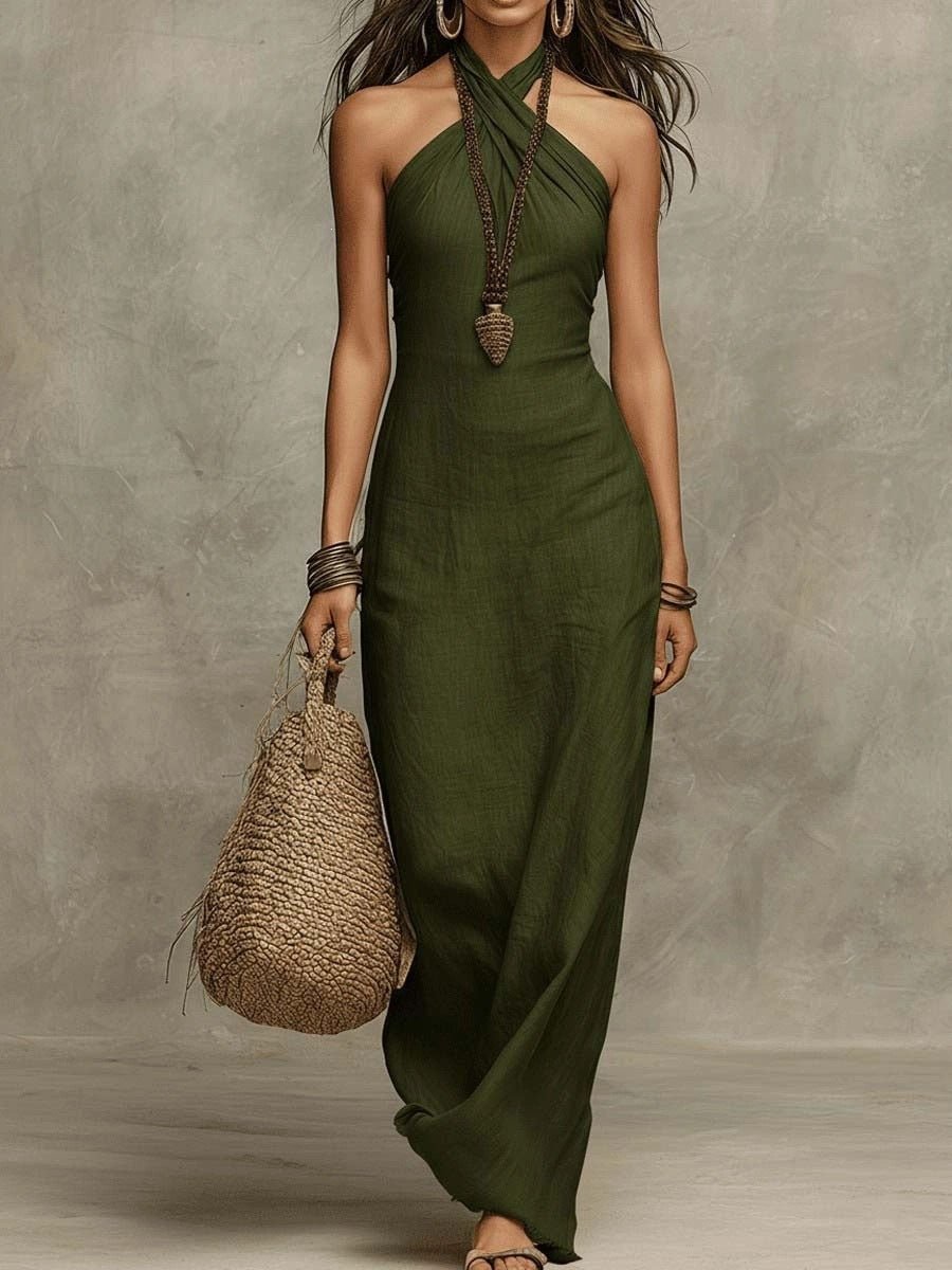 Robe Longue Moulante en Lin Col V Cache - Cœur à Bretelles Nuque - IVOIRART.COM