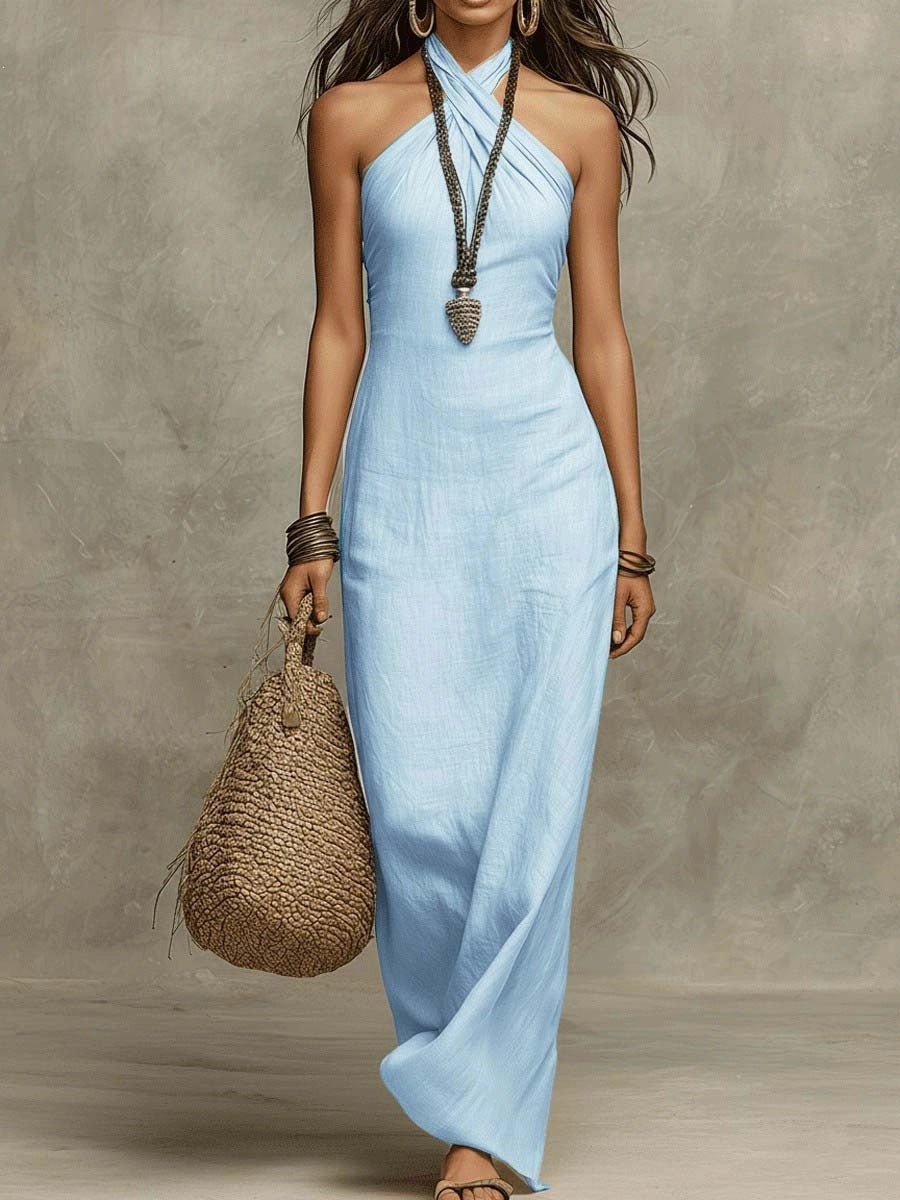 Robe Longue Moulante en Lin Col V Cache - Cœur à Bretelles Nuque - IVOIRART.COM