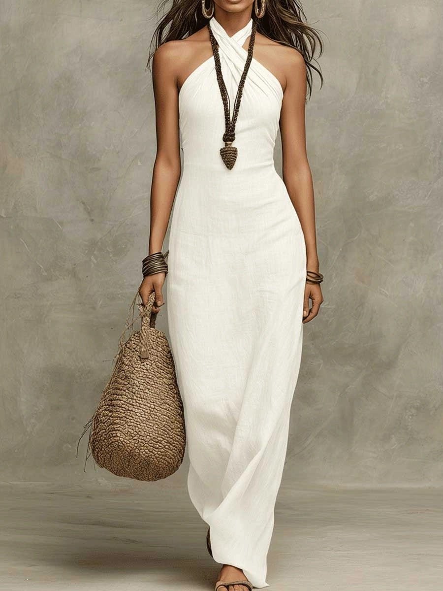 Robe Longue Moulante en Lin Col V Cache - Cœur à Bretelles Nuque - IVOIRART.COM
