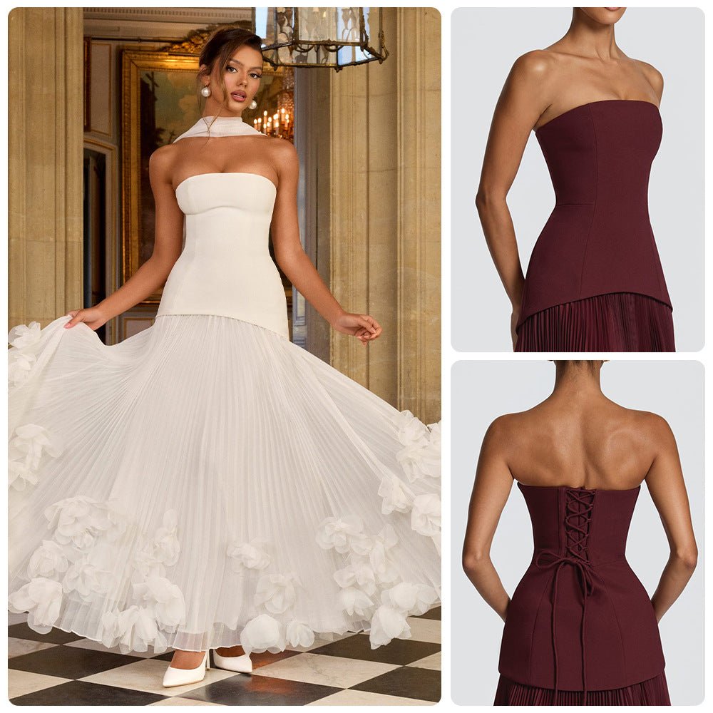 Robe longue sans bretelles à taille cintrée, style pétales tridimensionnels - IVOIRART.COM