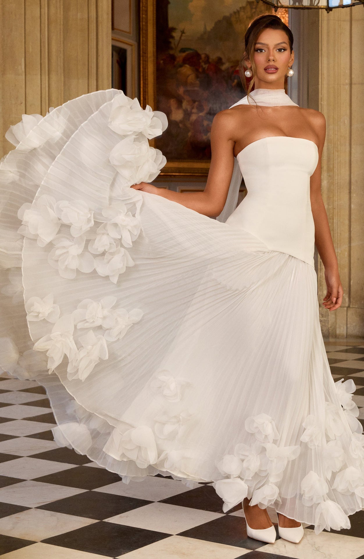 Robe longue sans bretelles à taille cintrée, style pétales tridimensionnels - IVOIRART.COM