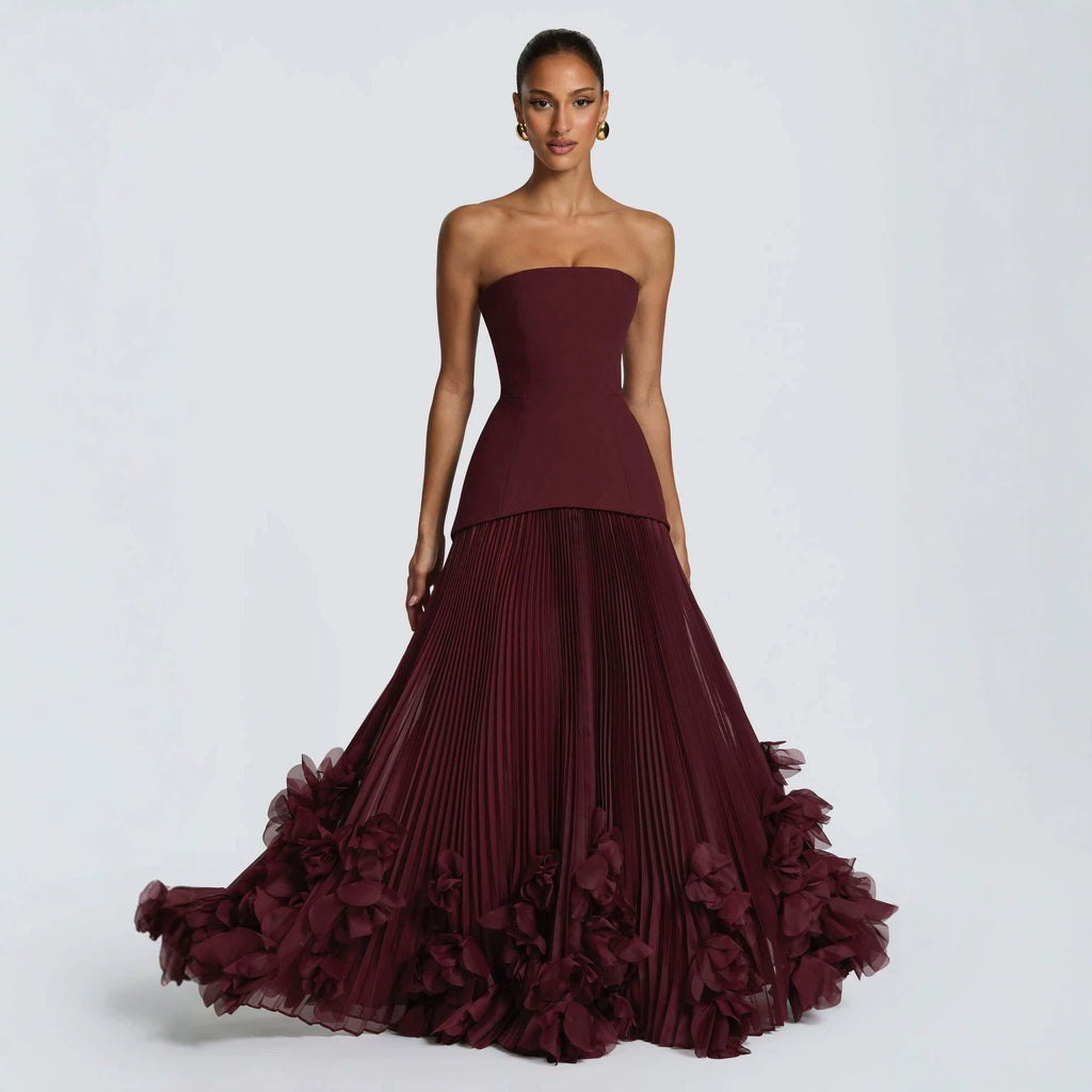 Robe longue sans bretelles à taille cintrée, style pétales tridimensionnels - IVOIRART.COM