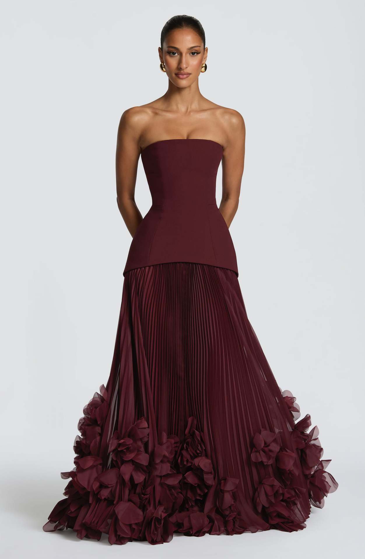 Robe longue sans bretelles à taille cintrée, style pétales tridimensionnels - IVOIRART.COM