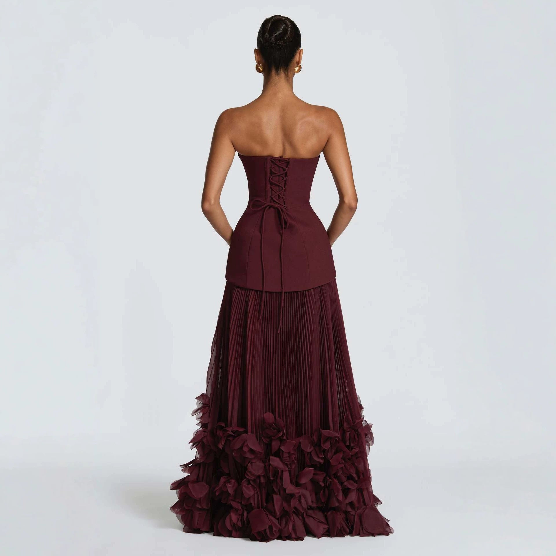 Robe longue sans bretelles à taille cintrée, style pétales tridimensionnels - IVOIRART.COM