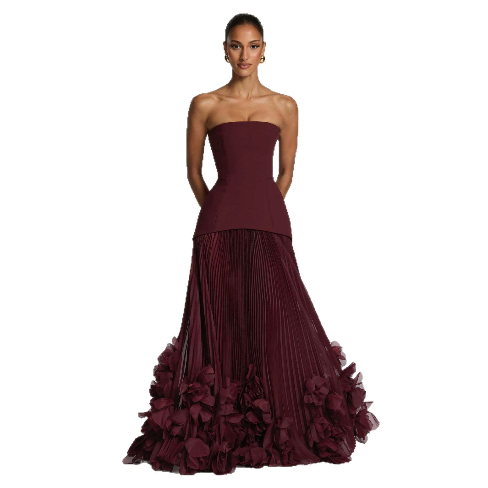 Robe longue sans bretelles à taille cintrée, style pétales tridimensionnels - IVOIRART.COM