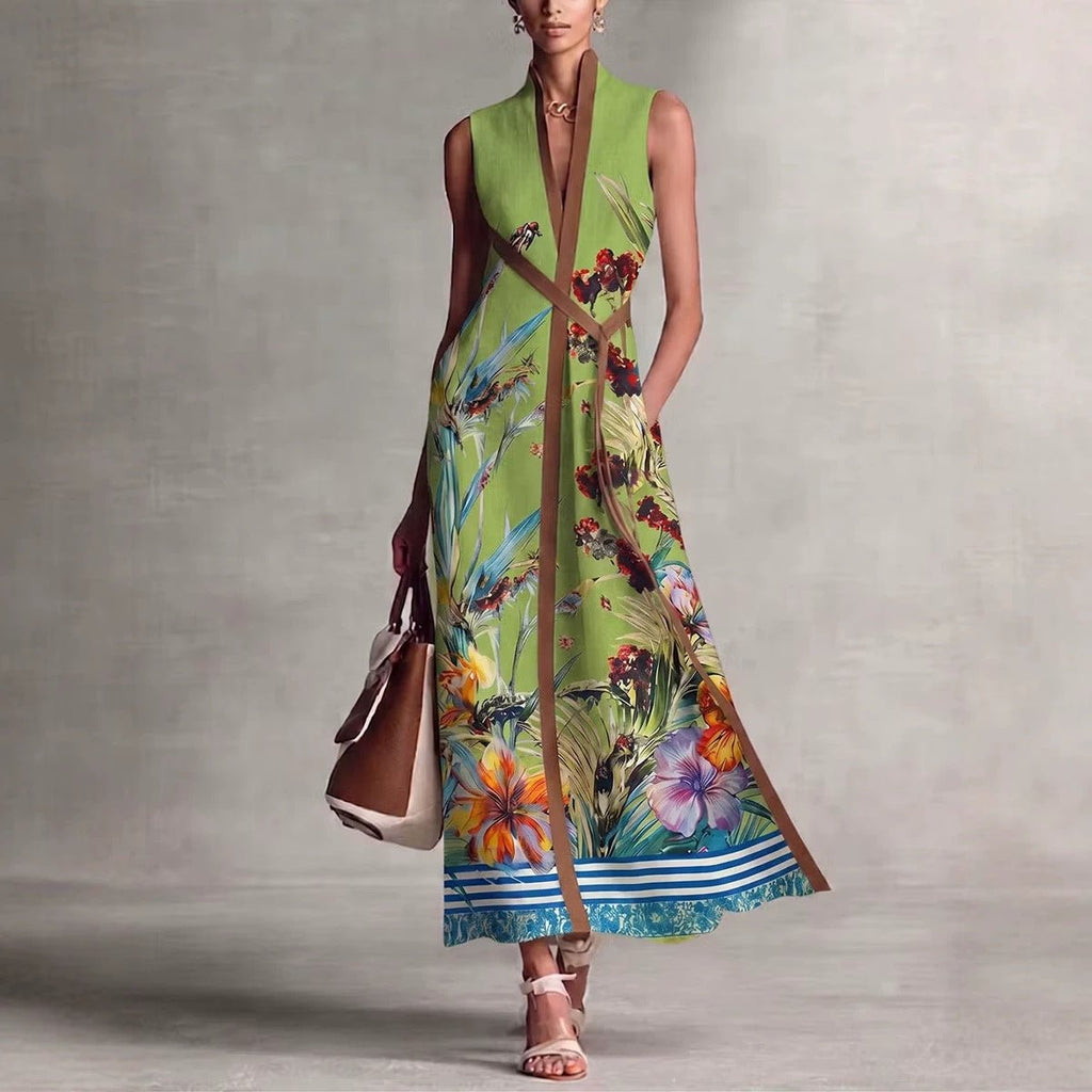 Robe longue sans manches à col en V avec patchwork imprimé, élégante et confortable - IVOIRART.COM