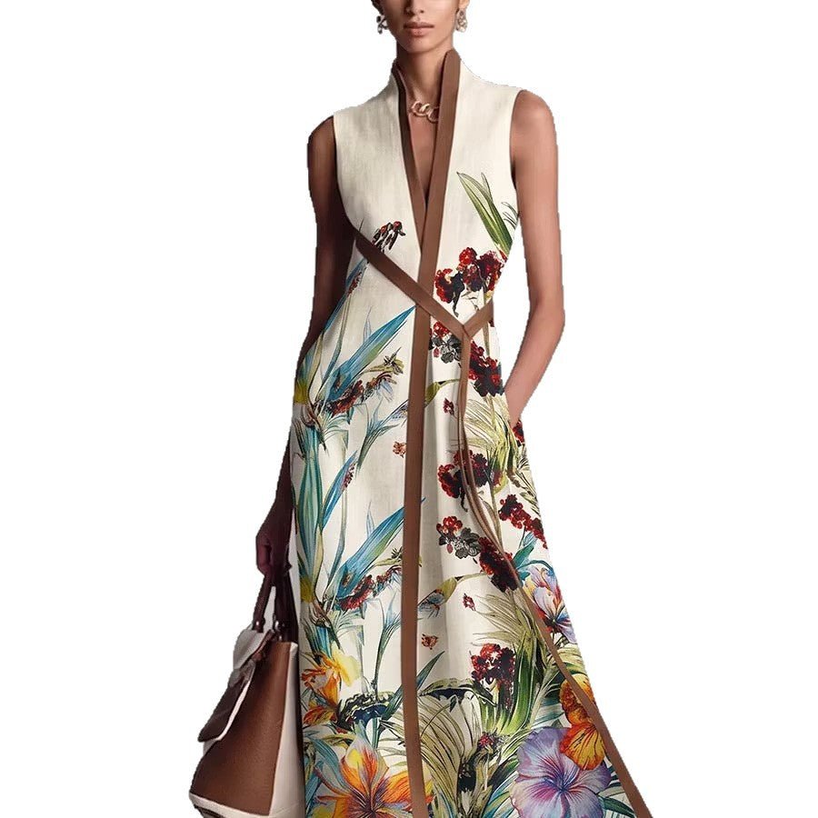 Robe longue sans manches à col en V avec patchwork imprimé, élégante et confortable - IVOIRART.COM