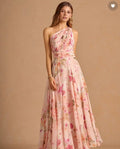 Robe longue sans manches à taille marquée avec imprimé floral asymétrique épaule dénudée - IVOIRART.COM