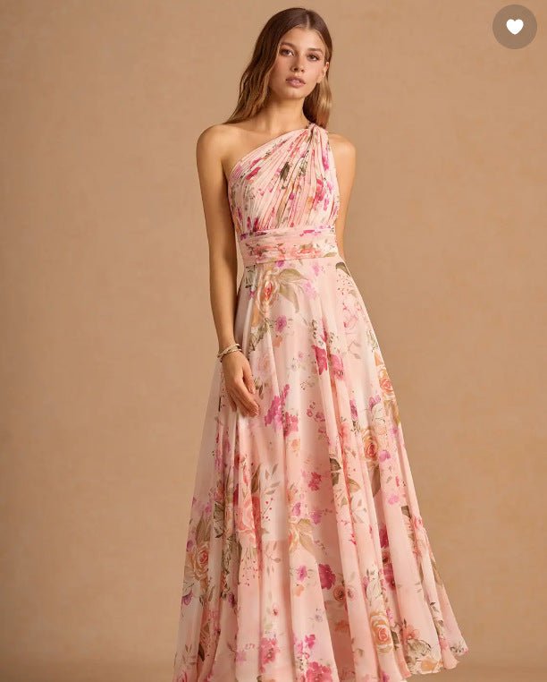 Robe longue sans manches à taille marquée avec imprimé floral asymétrique épaule dénudée - IVOIRART.COM