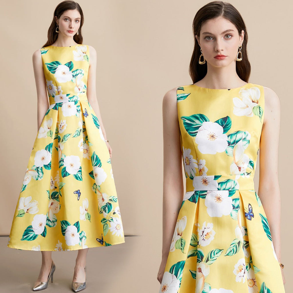 Robe longue sans manches imprimée style célébrité, taille cintrée, 80 cm - IVOIRART.COM