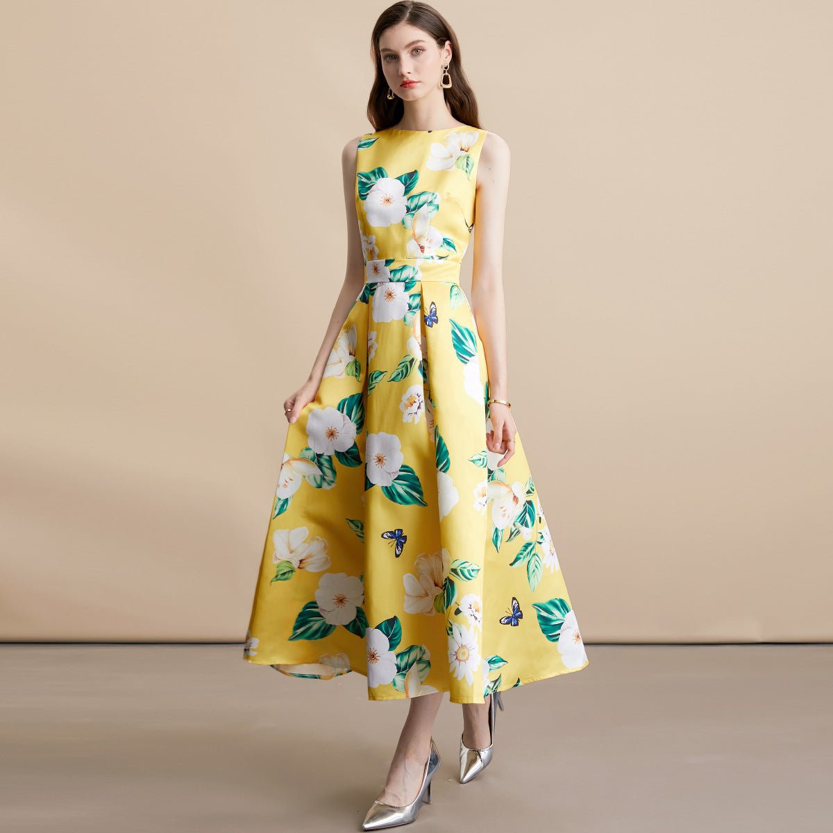 Robe longue sans manches imprimée style célébrité, taille cintrée, 80 cm - IVOIRART.COM