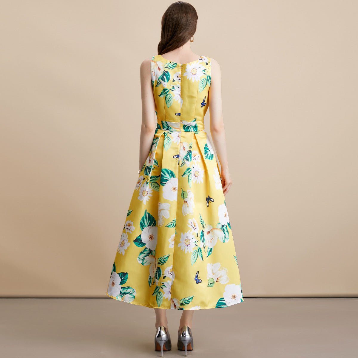 Robe longue sans manches imprimée style célébrité, taille cintrée, 80 cm - IVOIRART.COM