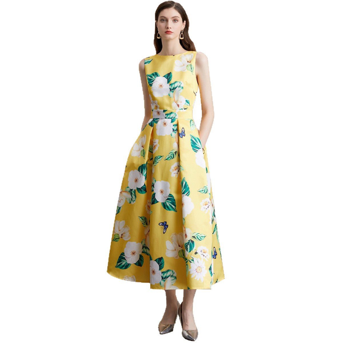 Robe longue sans manches imprimée style célébrité, taille cintrée, 80 cm - IVOIRART.COM
