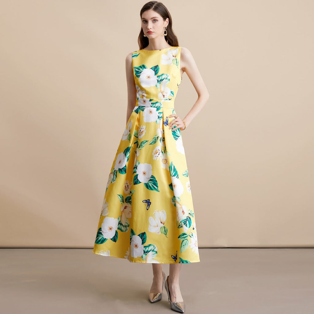Robe longue sans manches imprimée style célébrité, taille cintrée, 80 cm - IVOIRART.COM