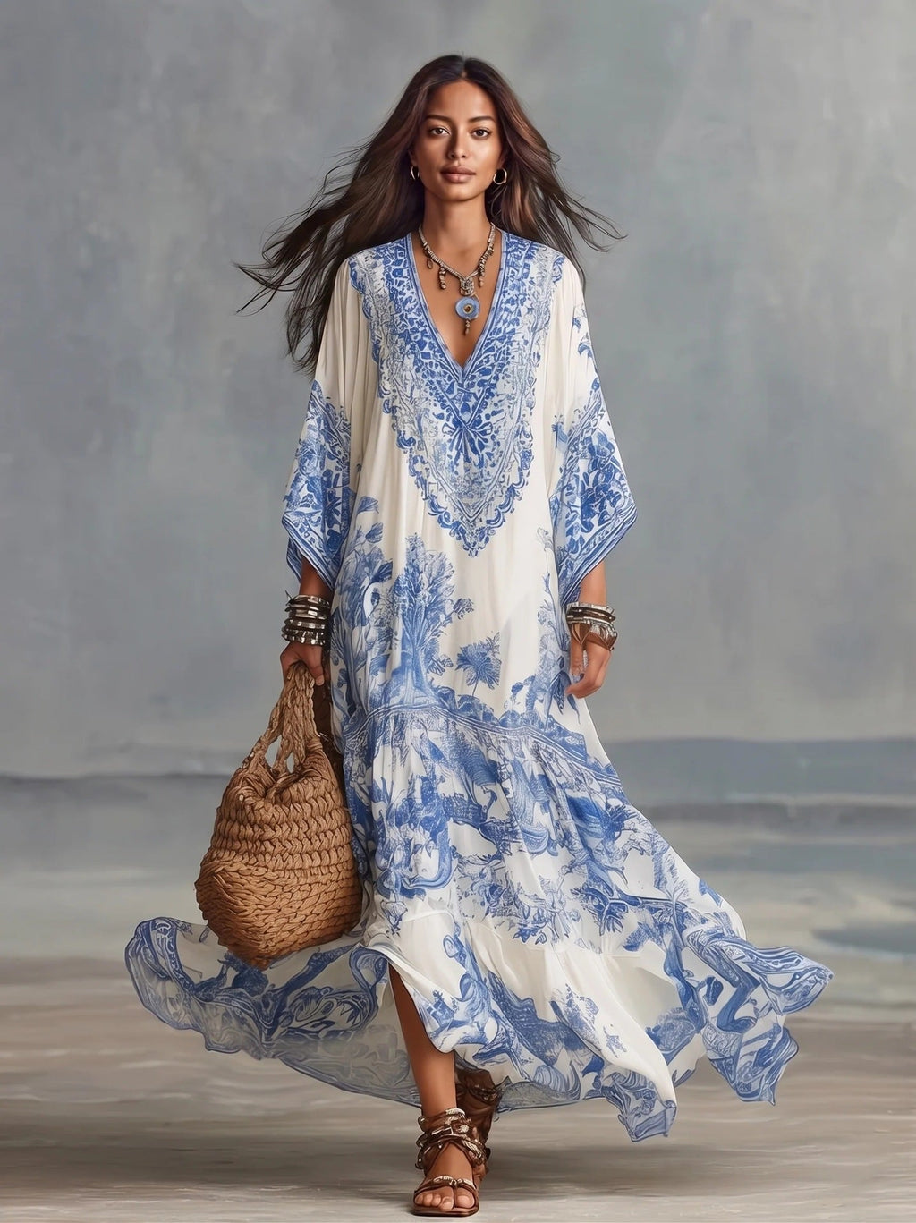 Robe maxi bohème imprimée col V manches chauve-souris style rétro porcelaine bleu - IVOIRART.COM