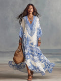 Robe maxi bohème imprimée col V manches chauve-souris style rétro porcelaine bleu - IVOIRART.COM