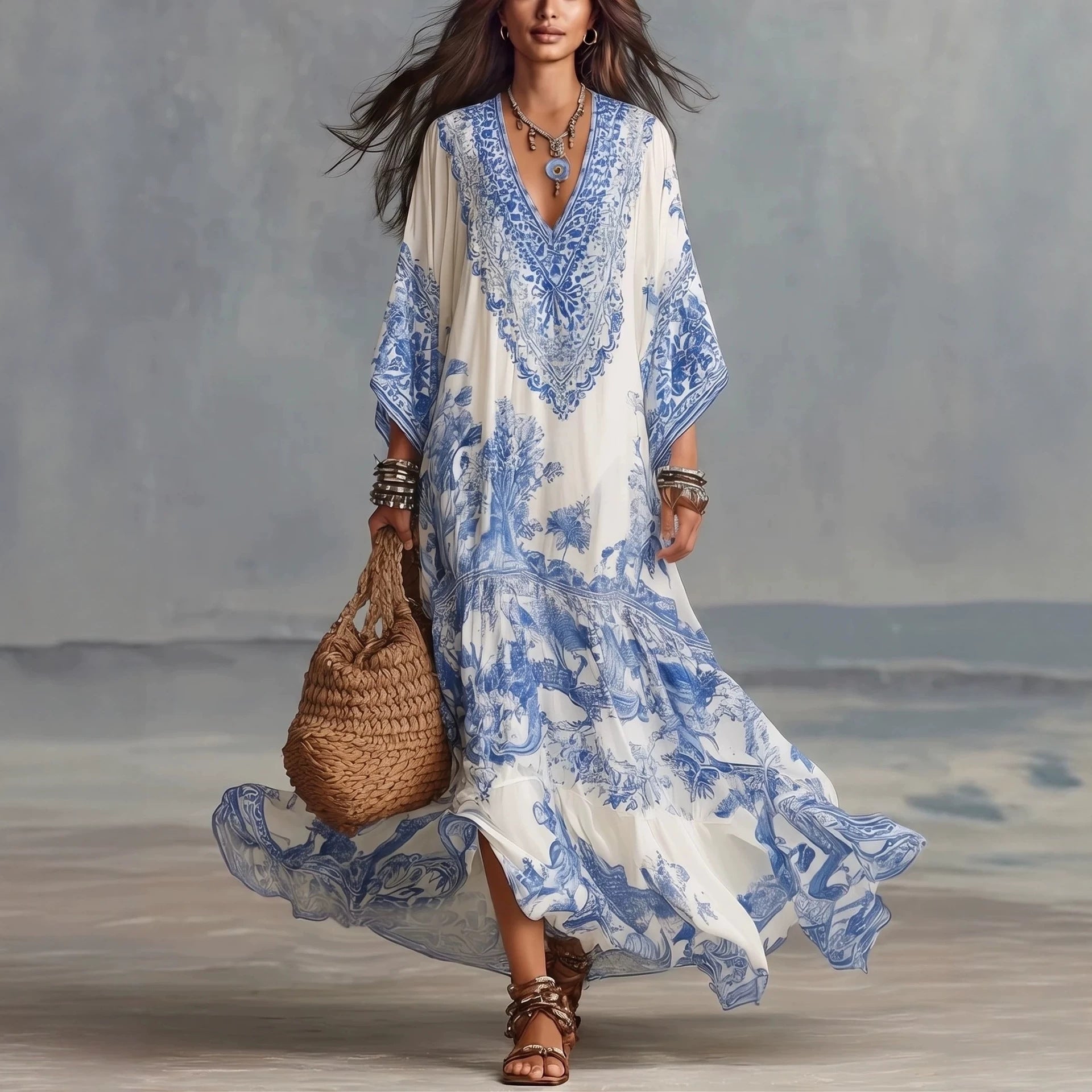 Robe maxi bohème imprimée col V manches chauve-souris style rétro porcelaine bleu - IVOIRART.COM