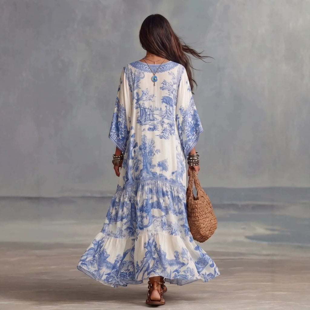 Robe maxi bohème imprimée col V manches chauve-souris style rétro porcelaine bleu - IVOIRART.COM