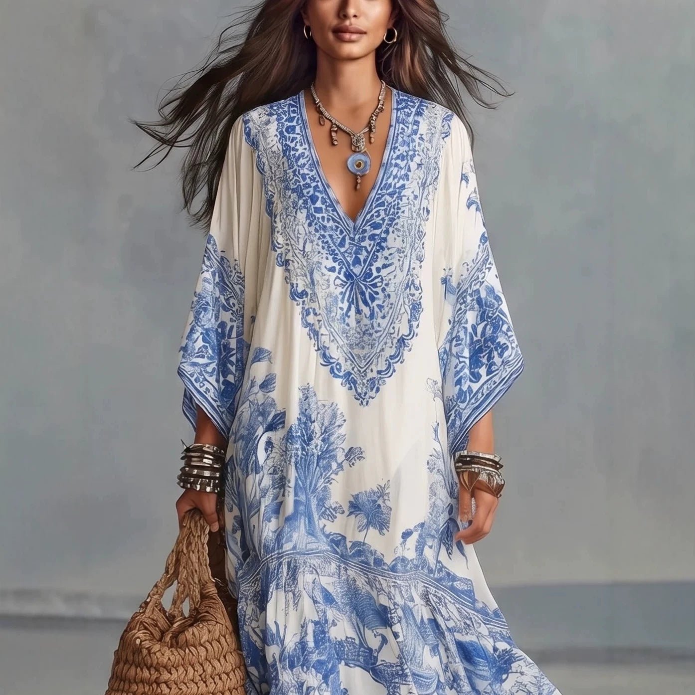 Robe maxi bohème imprimée col V manches chauve-souris style rétro porcelaine bleu - IVOIRART.COM