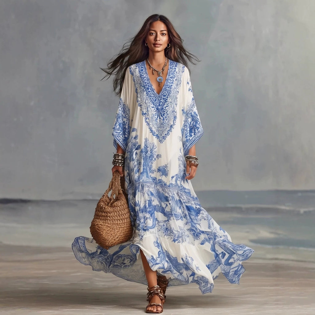 Robe maxi bohème imprimée col V manches chauve-souris style rétro porcelaine bleu - IVOIRART.COM