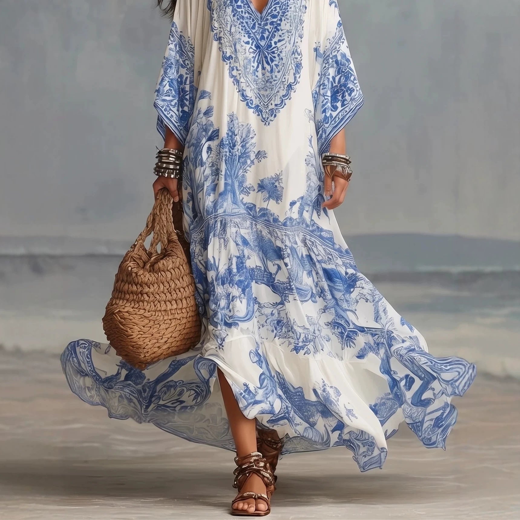 Robe maxi bohème imprimée col V manches chauve-souris style rétro porcelaine bleu - IVOIRART.COM