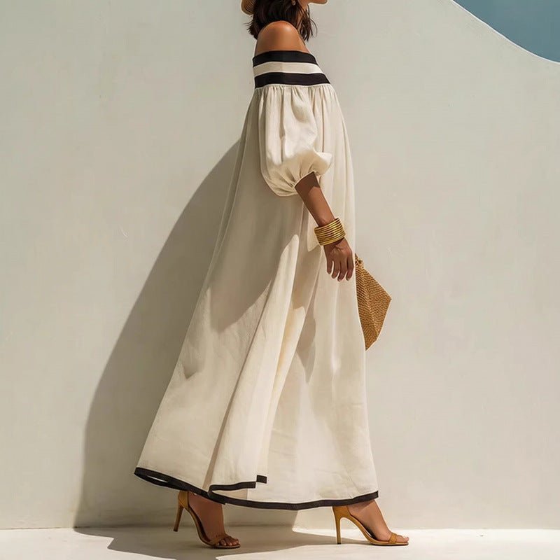 Robe maxi élégante style resort en coton-lin, épaules dénudées pour femme - IVOIRART.COM
