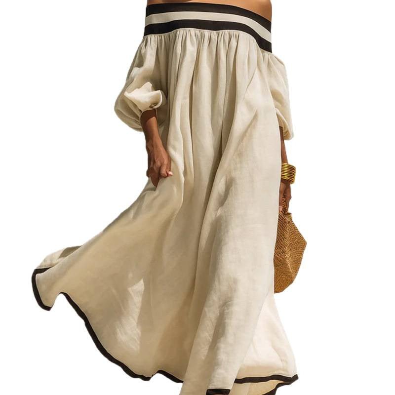Robe maxi élégante style resort en coton-lin, épaules dénudées pour femme - IVOIRART.COM