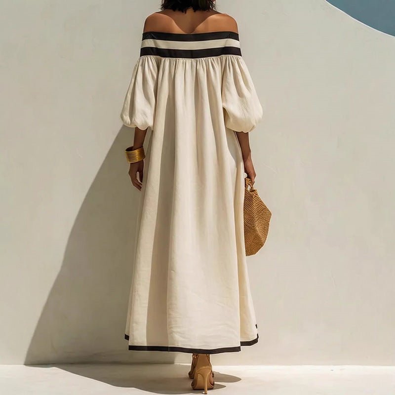 Robe maxi élégante style resort en coton-lin, épaules dénudées pour femme - IVOIRART.COM